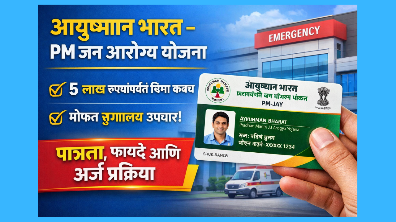 Ayushman Bharat PMJAY health insurance scheme card with hospital background in India
