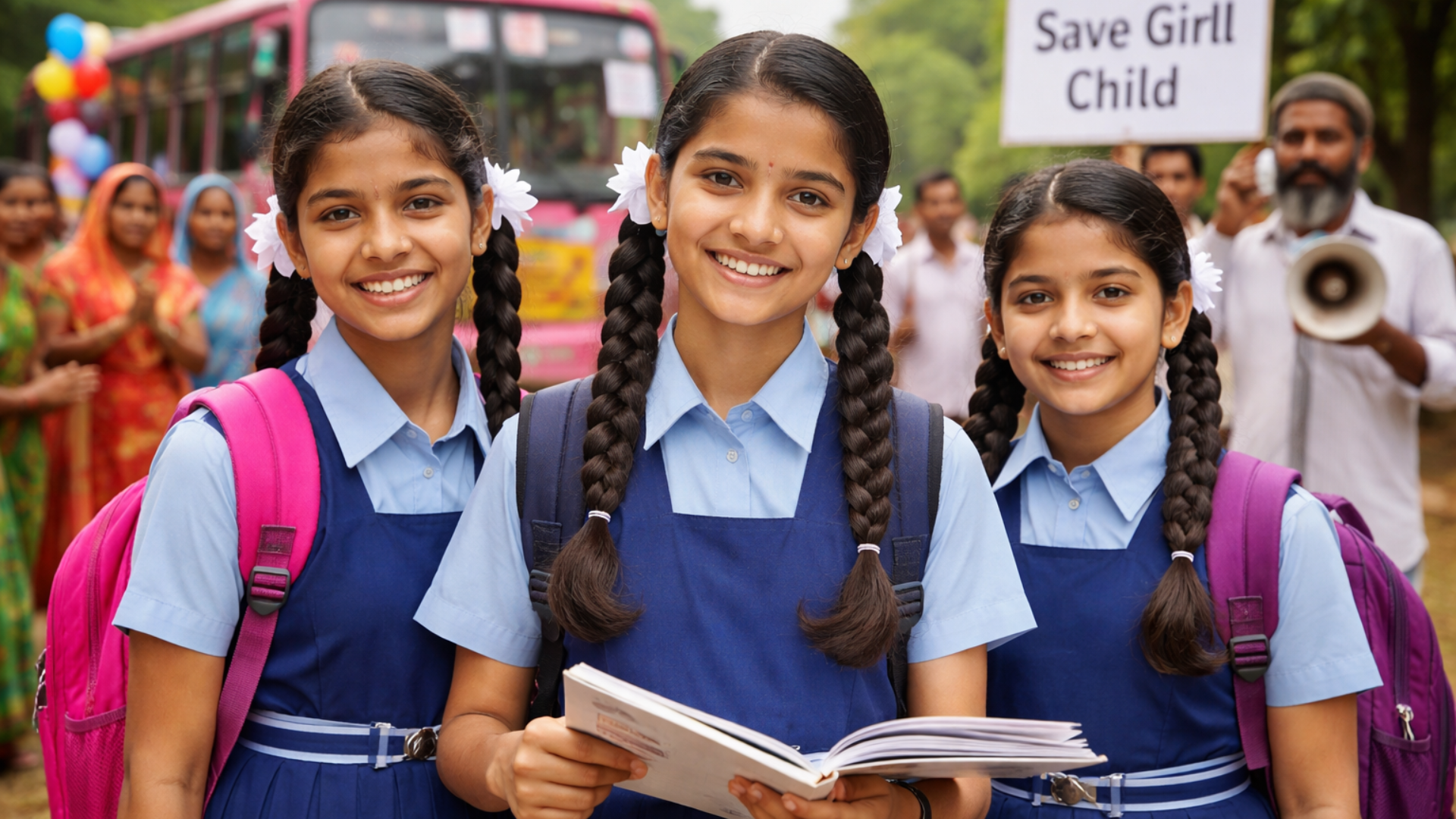 बेटी बचाओ बेटी पढ़ाओ योजना अंतर्गत शाळेत शिकणाऱ्या मुली आणि जनजागृती मोहिमेचे दृश्य