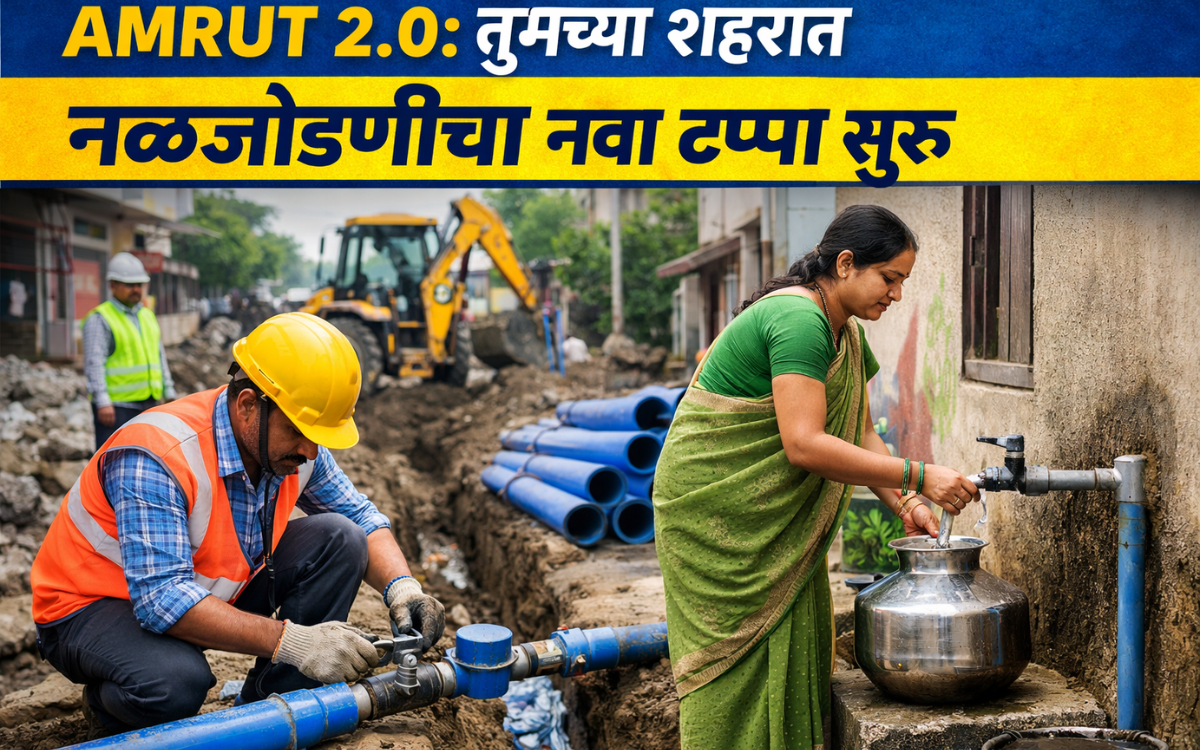 AMRUT 2.0 योजनेअंतर्गत शहरातील घरांना नळजोडणी आणि पाणीपुरवठा प्रकल्पाचे काम सुरू असलेले दृश्य