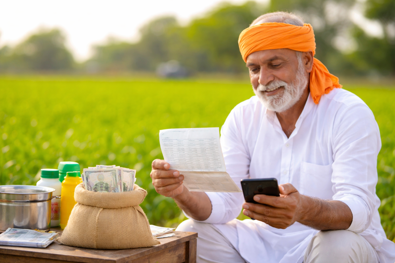 Farmer checking bank passbook after receiving regular loan repayment incentive subsidy amount in bank account