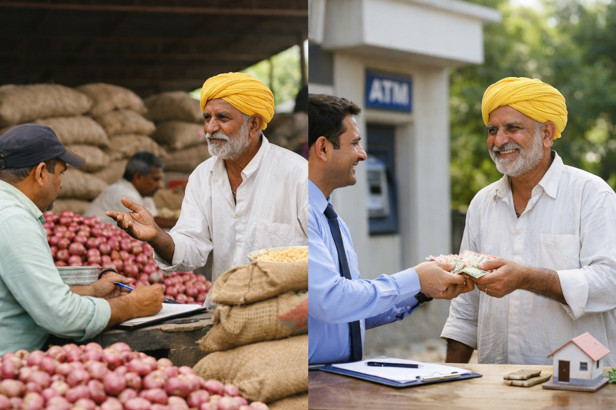 भावांतर भुगतान योजना अंतर्गत शेतकरी बाजारात पीक विकताना आणि सरकारकडून भावातील फरकाची रक्कम मिळताना दाखवणारा दृश्य