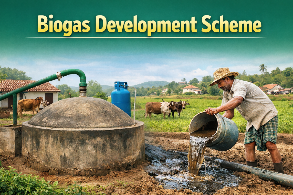 Biogas Development Scheme अंतर्गत ग्रामीण भागात बसवलेला घरगुती बायोगॅस प्लांट आणि शेणापासून तयार होणारा गॅस