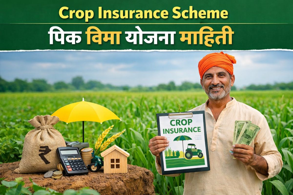 शेतात उभं पीक आणि शेतकरी – Crop Insurance Scheme अंतर्गत पिक विमा योजना माहिती