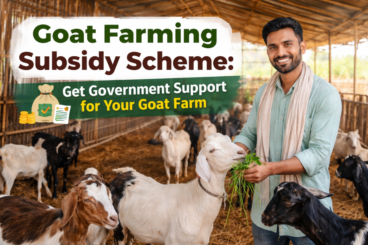 Farmer managing goats in a rural farm under Goat Farming Subsidy Scheme with proper shed and livestock setup