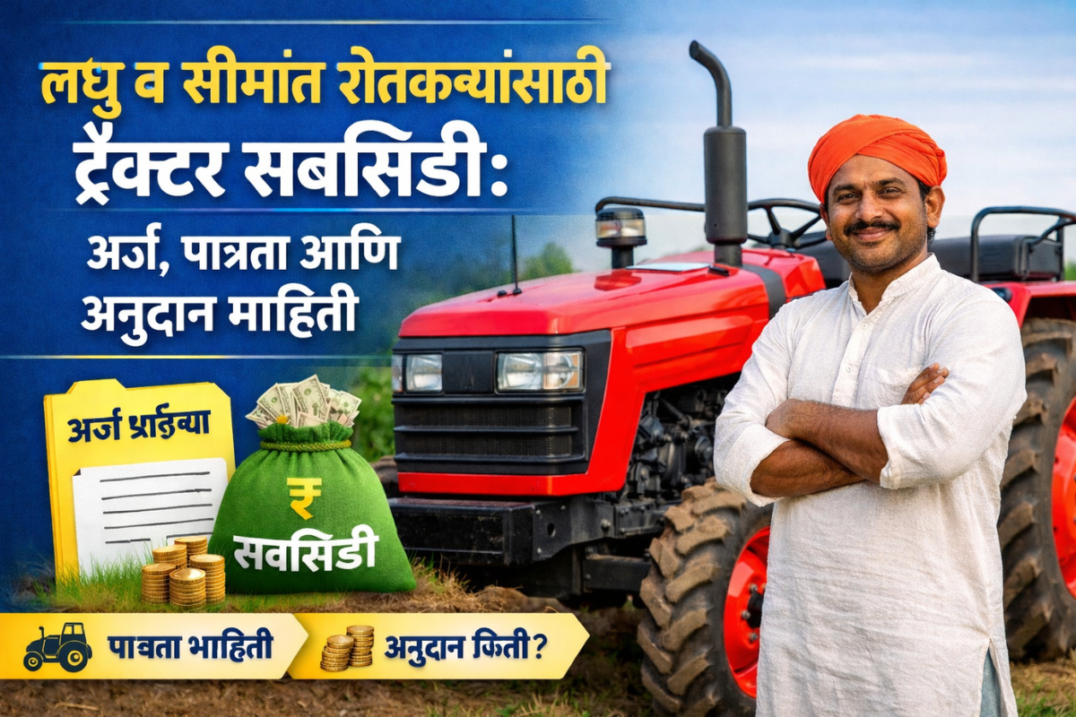लघु व सीमांत शेतकरी ट्रॅक्टरसमोर उभा असून ट्रॅक्टर सबसिडी योजना आणि अनुदान माहिती दर्शवणारी प्रतिमा