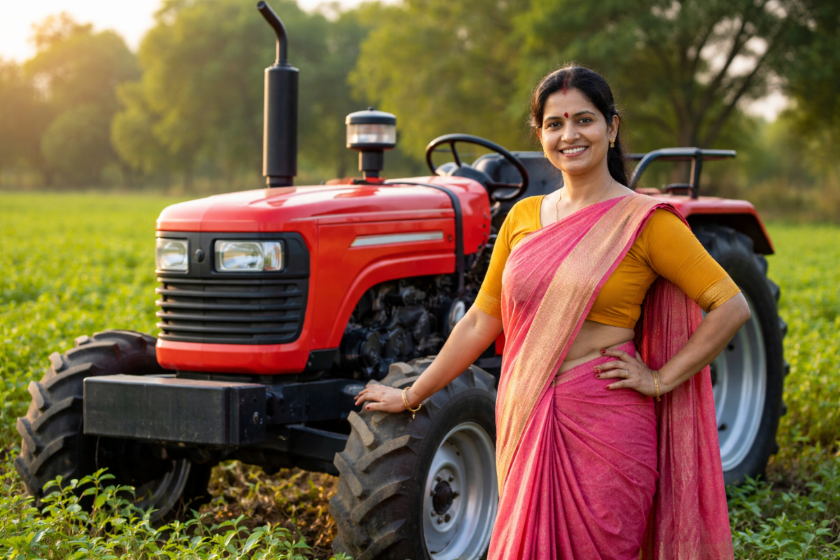 महिला शेतकरी ट्रॅक्टरसोबत शेतात उभी असून महिला शेतकऱ्यांसाठी ट्रॅक्टर अनुदान योजना माहिती दर्शवणारा फोटो