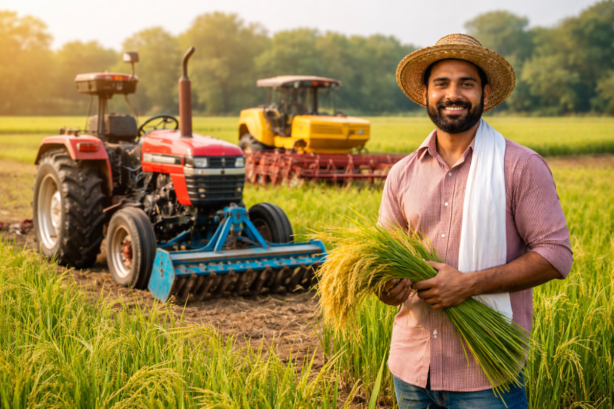 शेतात ट्रॅक्टर आणि आधुनिक शेती उपकरणांसह काम करणारा शेतकरी – 50 टक्के सबसिडी योजना माहिती