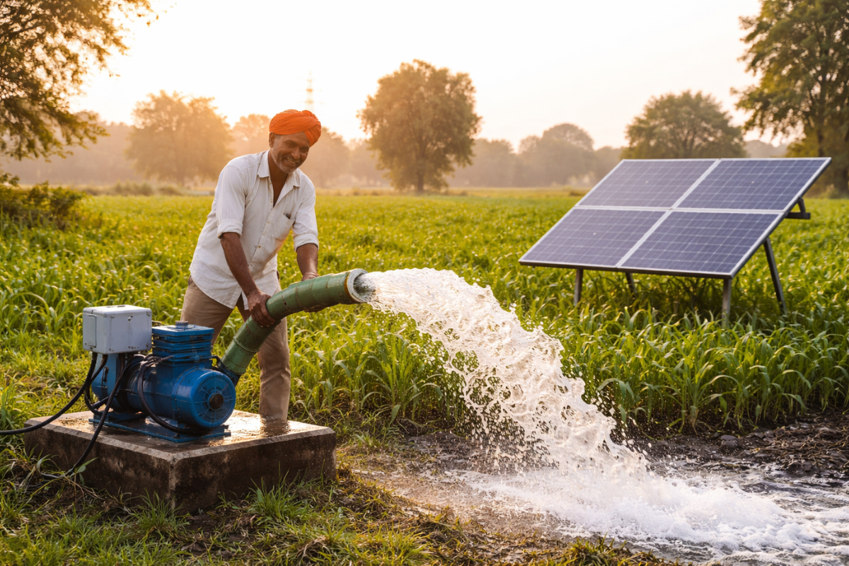 शेतात कृषी पंप चालू असताना मुख्यमंत्री बळीराजा मोफत वीज योजना सुरूच असल्याची माहिती दर्शवणारा बॅनर