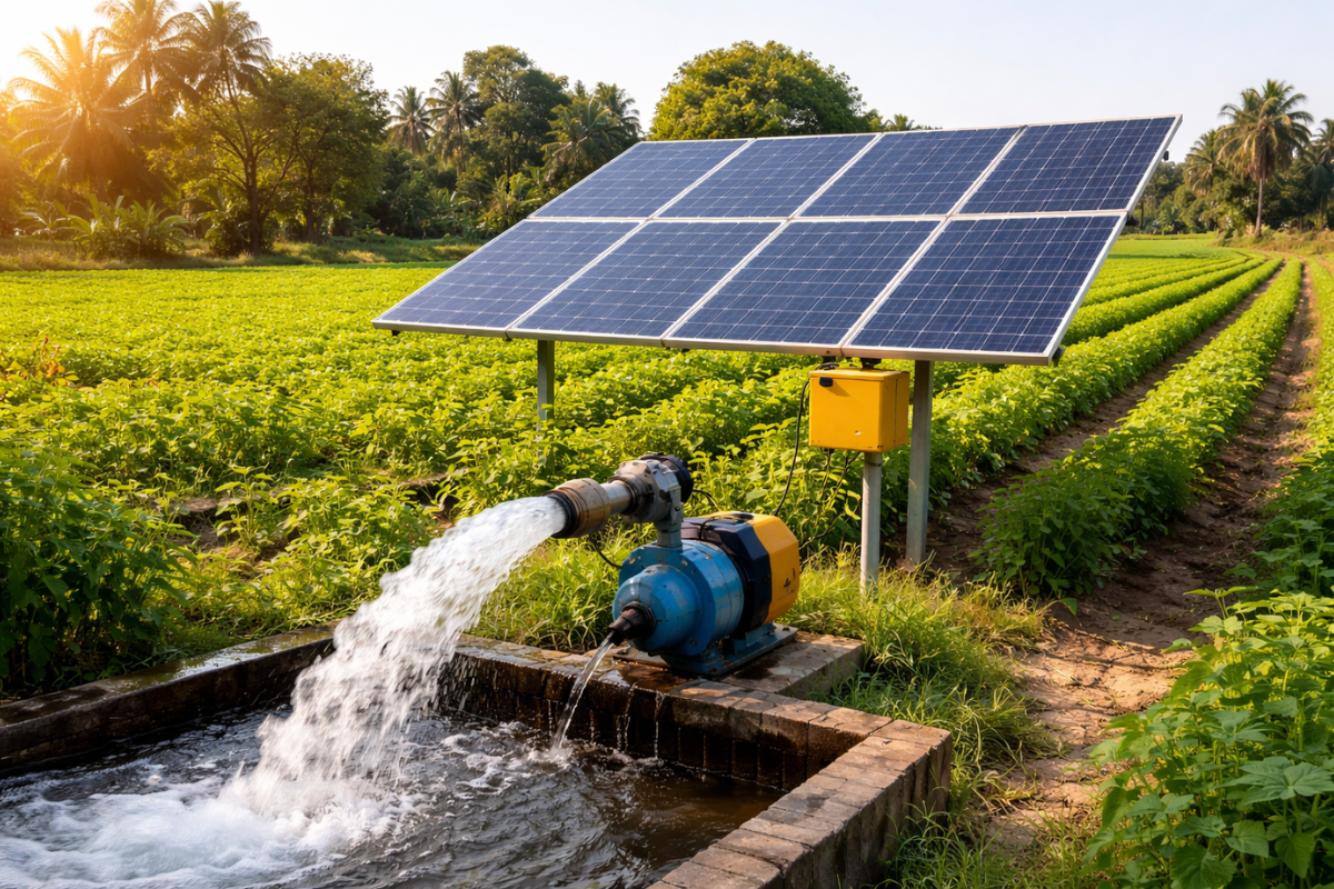 महाराष्ट्रातील शेतात बसवलेला सौर कृषी पंप आणि सोलर पॅनल्स – सौर कृषी पंप योजनेला गती
