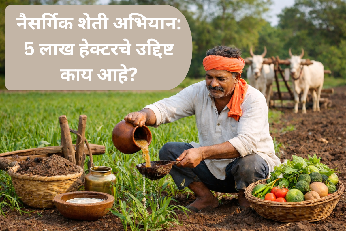 शेतात नैसर्गिक पद्धतीने शेती करणारा शेतकरी, हिरवी पिके आणि पारंपरिक शेती तंत्रांचा वापर