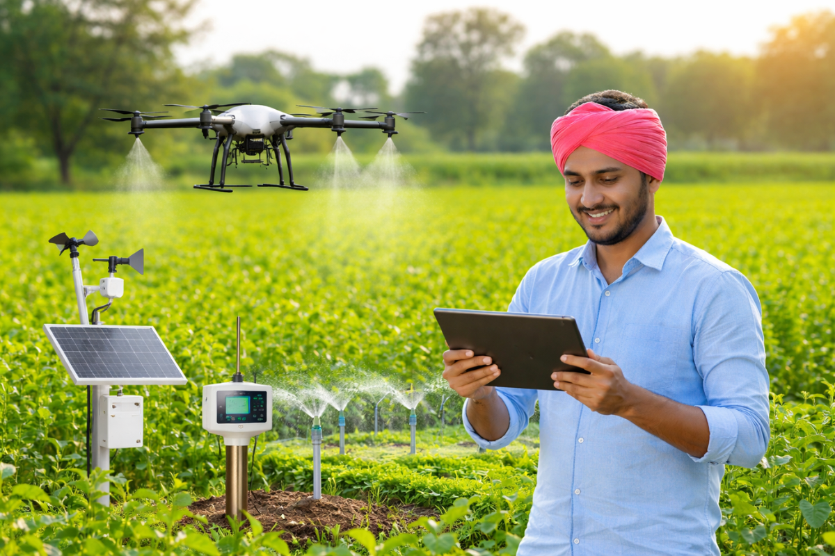 डिजिटल शेतीमध्ये AI तंत्रज्ञान, ड्रोन फवारणी आणि स्मार्ट शेती उपकरणांचा वापर करताना शेतकरी