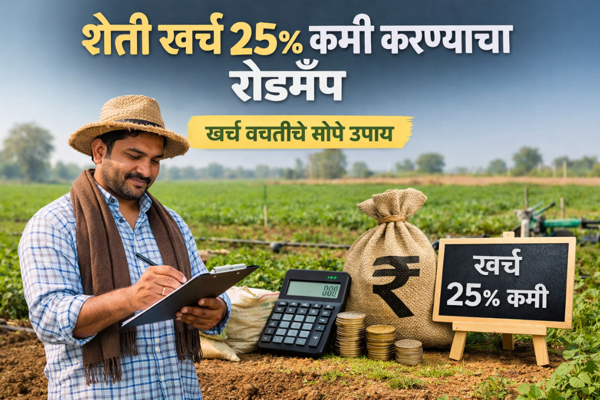 शेतात उभा शेतकरी खर्चाचा हिशोब करताना – शेती खर्च 25% कमी करण्याचा रोडमॅप